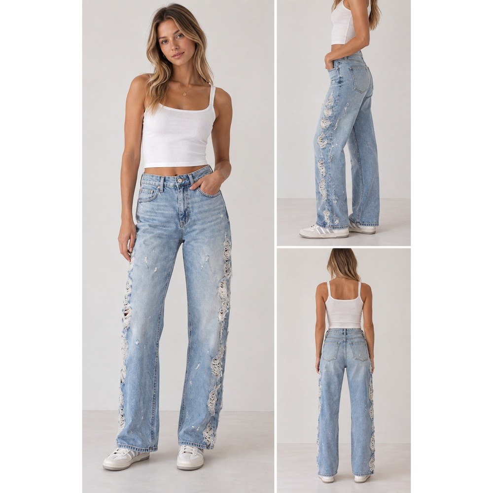 Zara Distressed Jeans Womens Size 6 EUR 38 Light Wash Ripped Raw Hem Straight